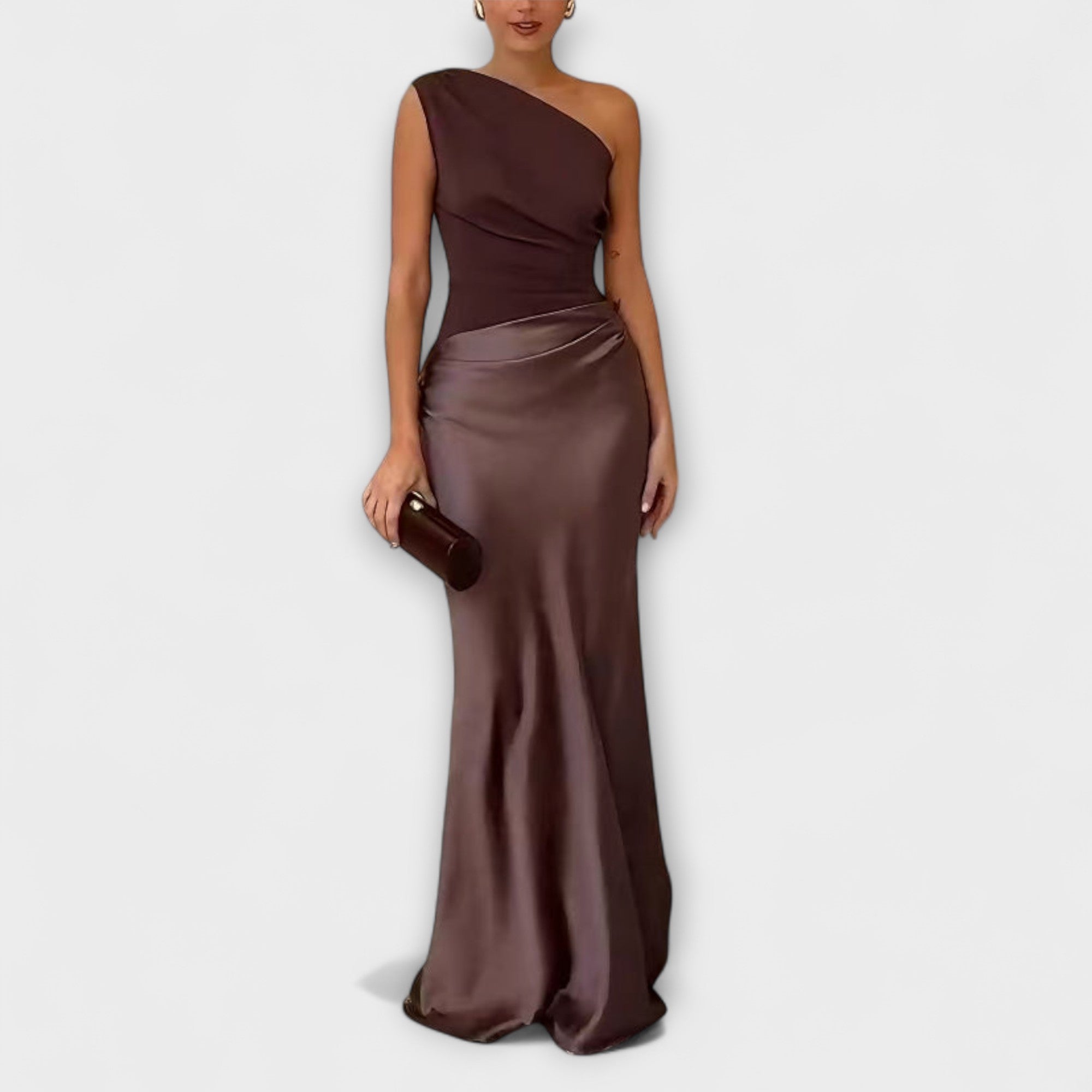 One Shoulder Pleated Maxi Dress With Flowing Length