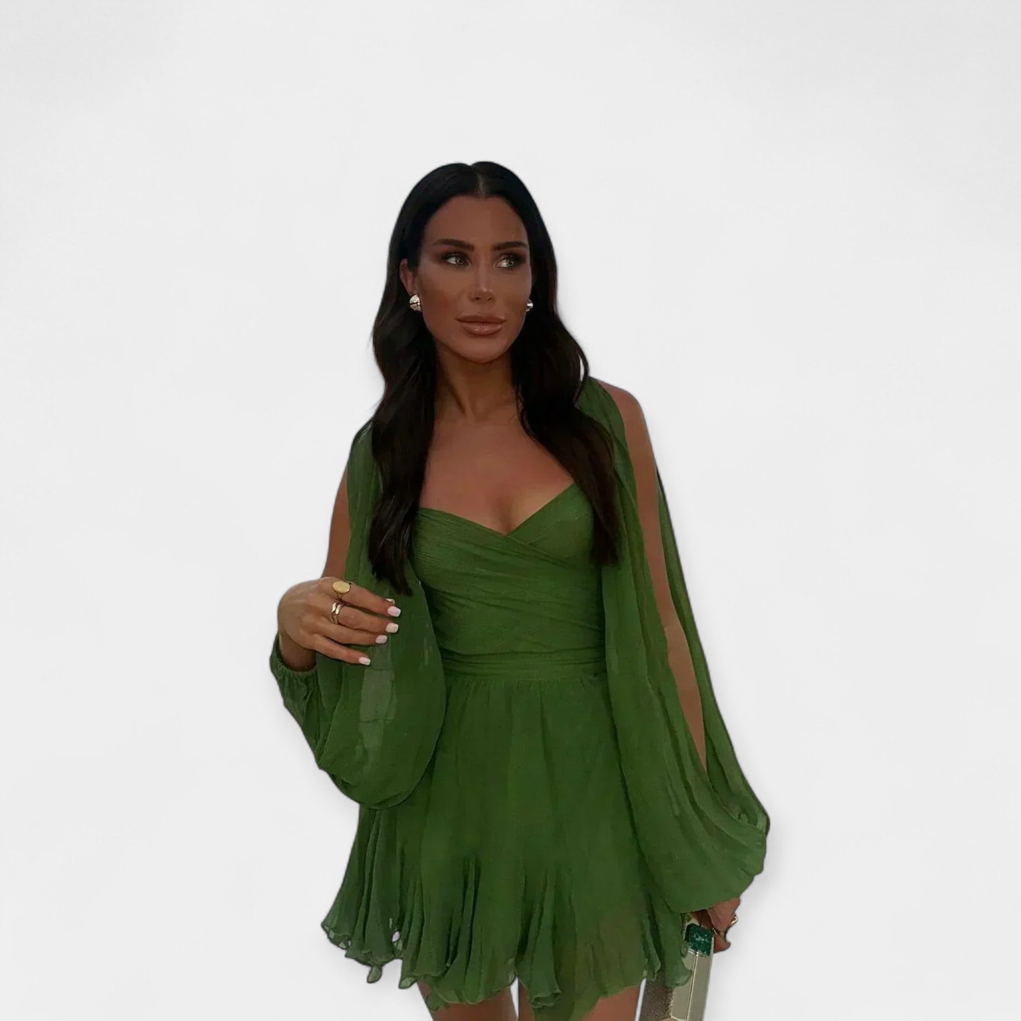 Romantic Short Sleeve Dress With V Neckline Balloon Sleeves