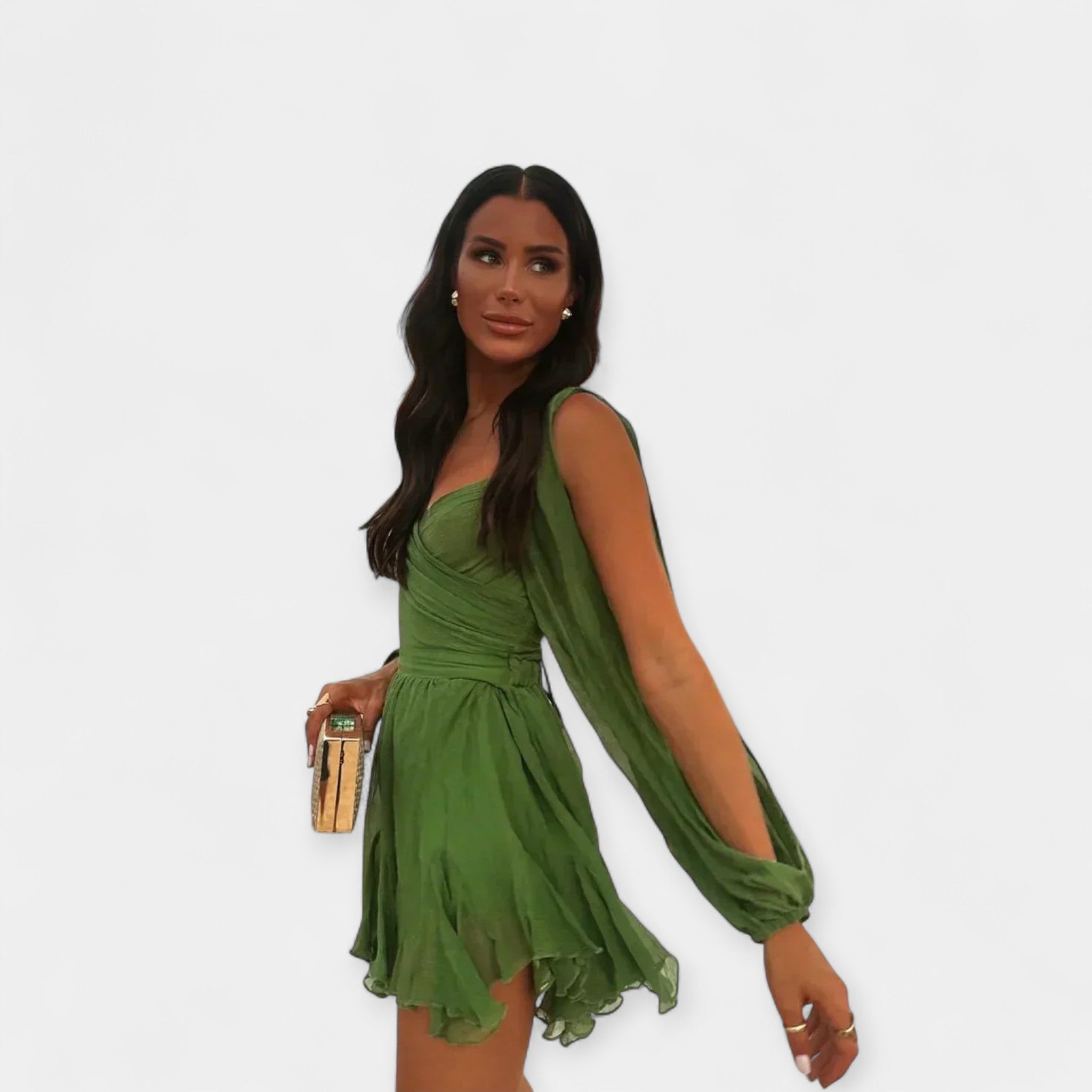 Romantic Short Sleeve Dress With V Neckline Balloon Sleeves