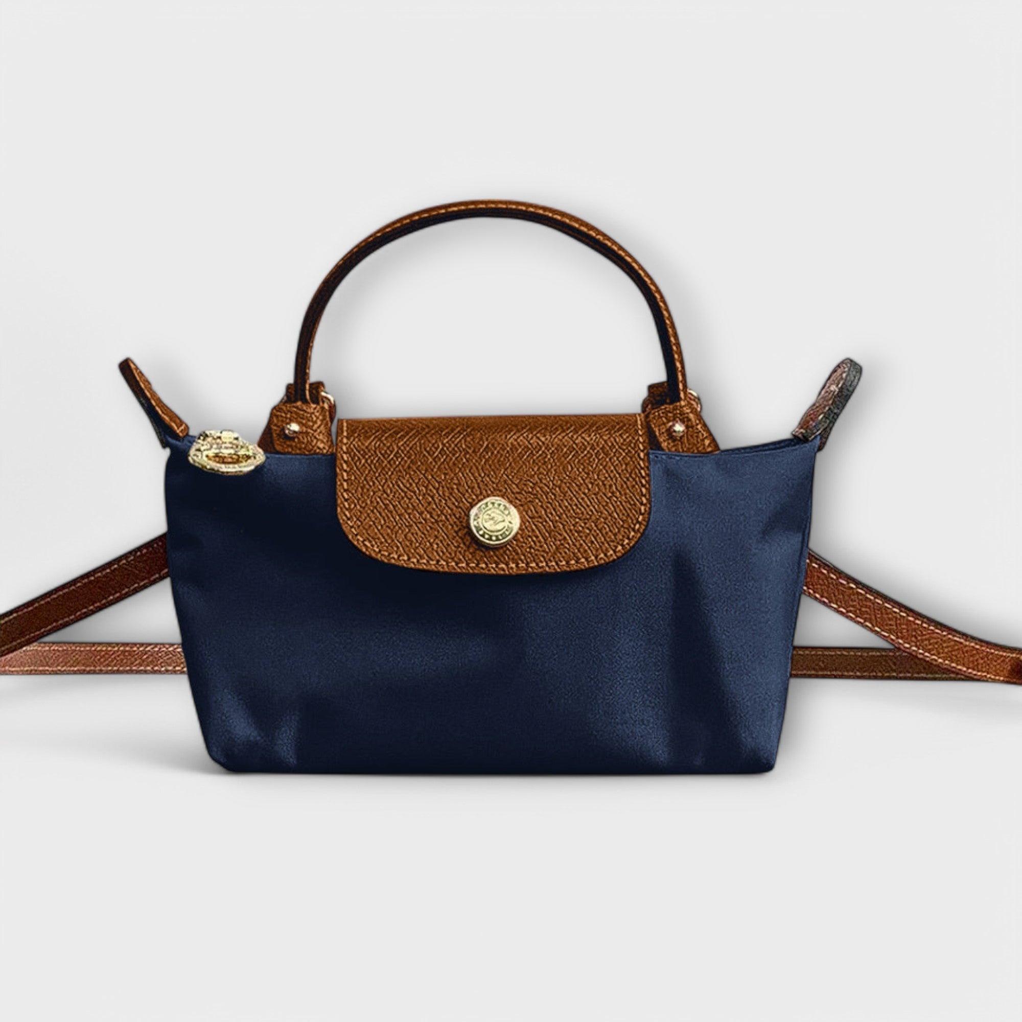 Two Tone Navy And Brown Shoulder Bag With Gold Button