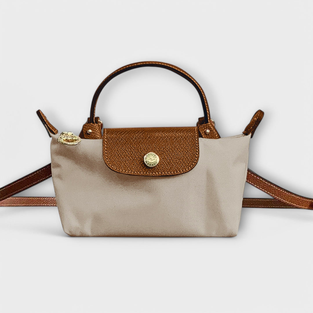 Two Tone Navy And Brown Shoulder Bag With Gold Button
