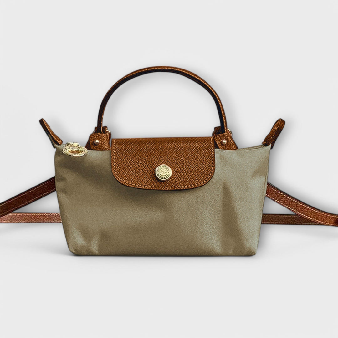 Two Tone Navy And Brown Shoulder Bag With Gold Button