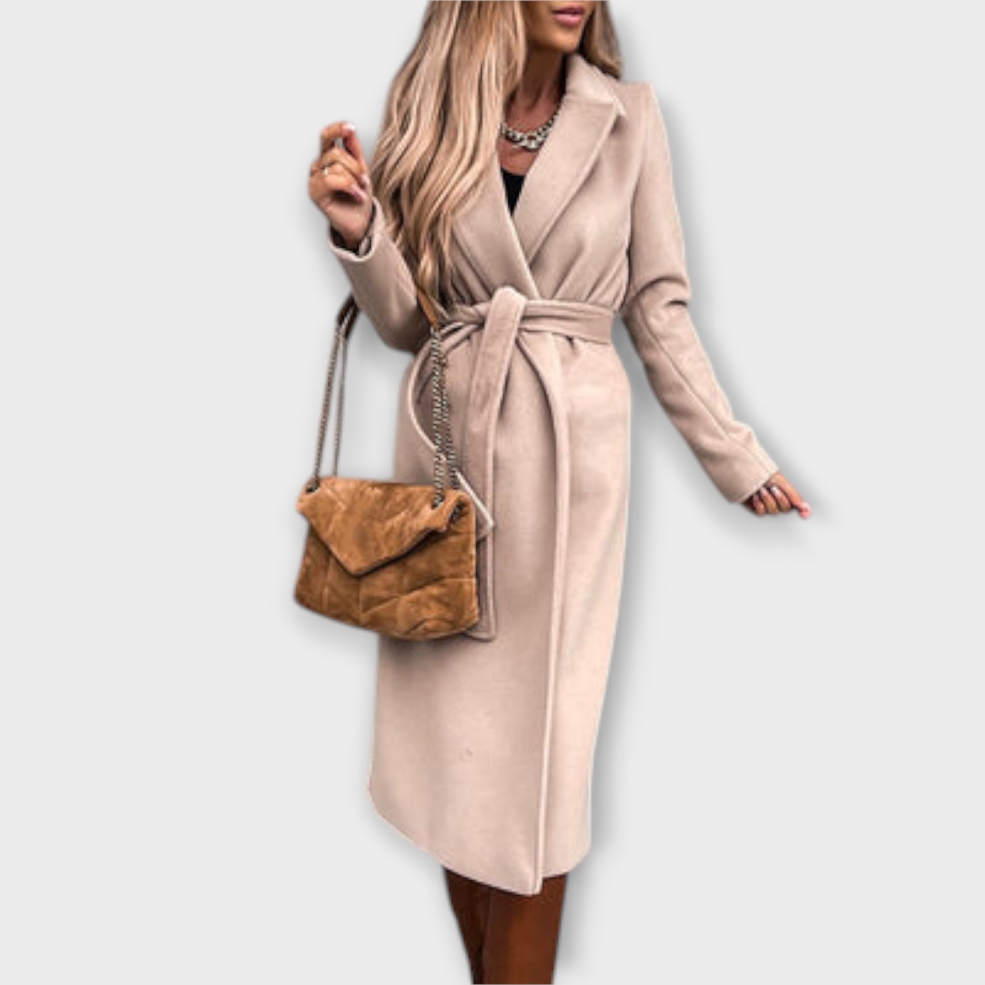 Eliza Chic Long Coat With Tie Belt For Elegant Silhouette