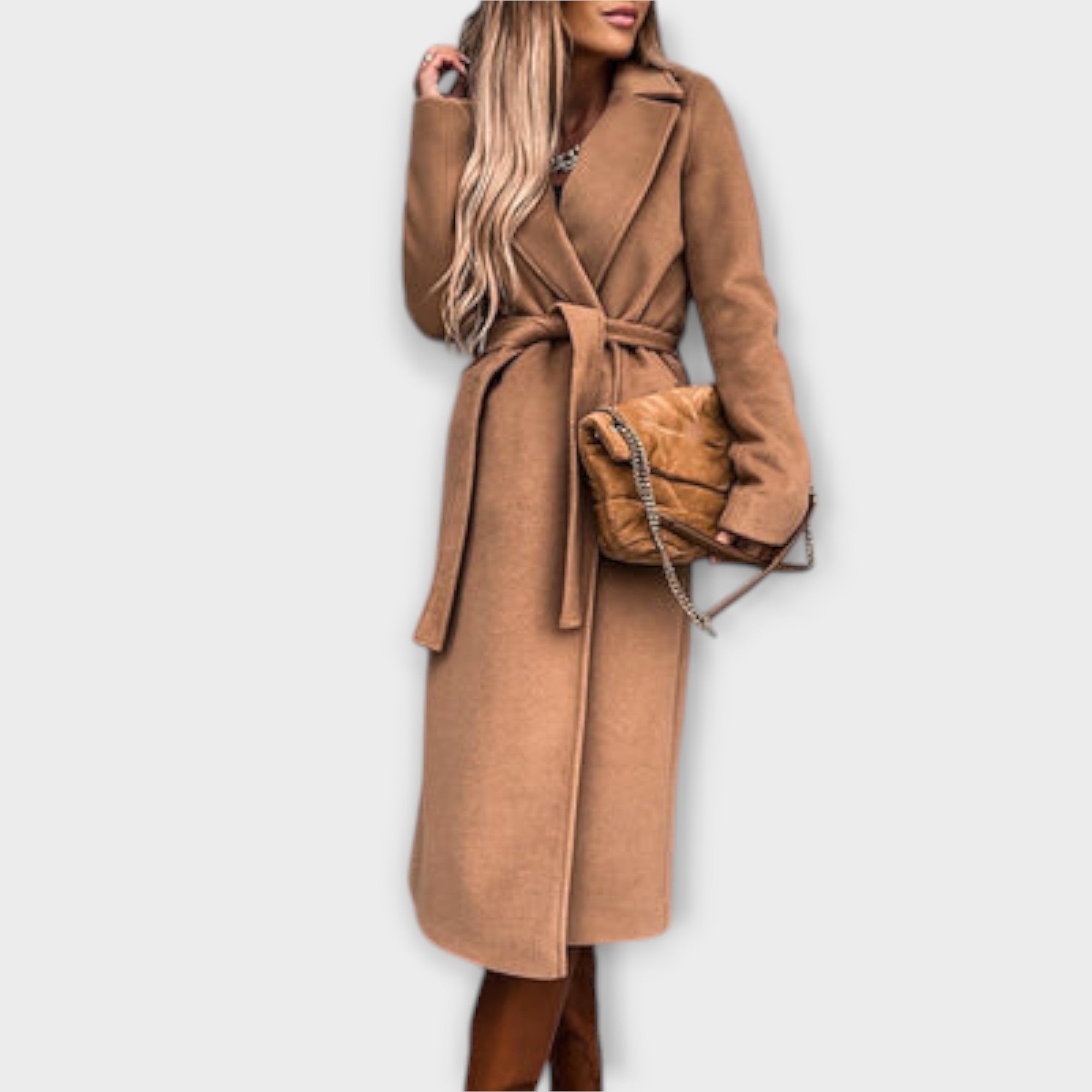 Eliza Chic Long Coat With Tie Belt For Elegant Silhouette