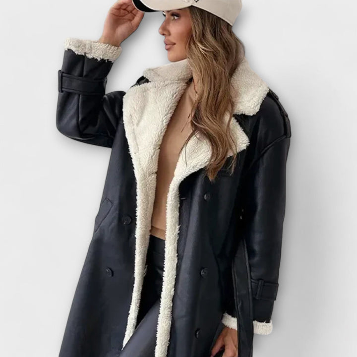 Maria Long Classic Leather Jacket With Fleece Lining