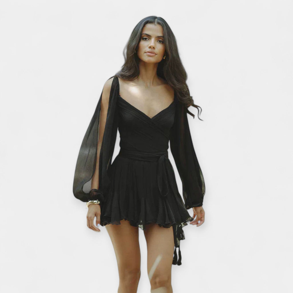 Romantic Short Sleeve Dress With V Neckline Balloon Sleeves