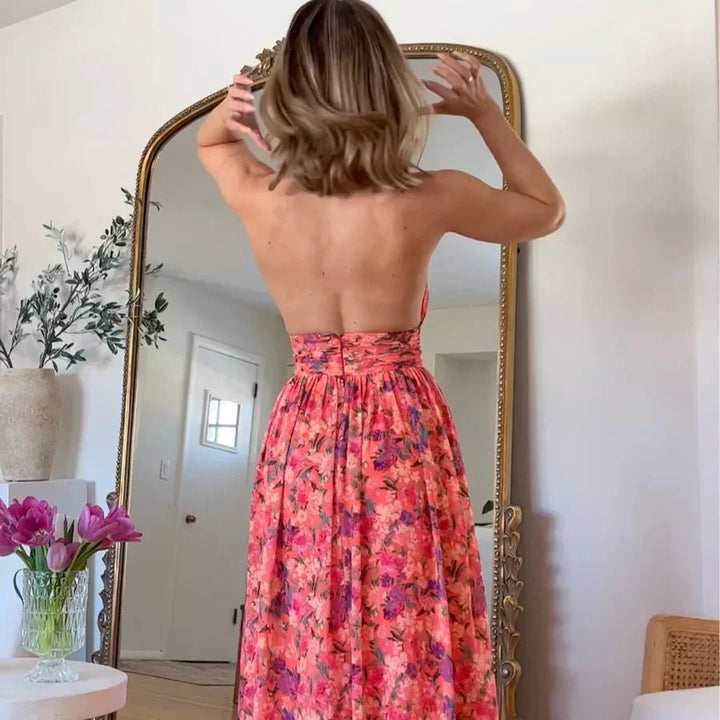 Maxi Dress With Open Back Floral Print Summer Elegance