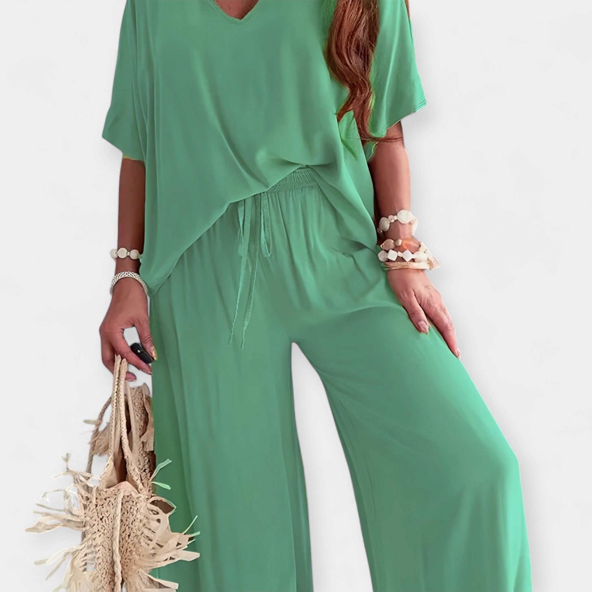 Airy Wide Leg Trousers Set With Flowy Blouse Relaxed Fit