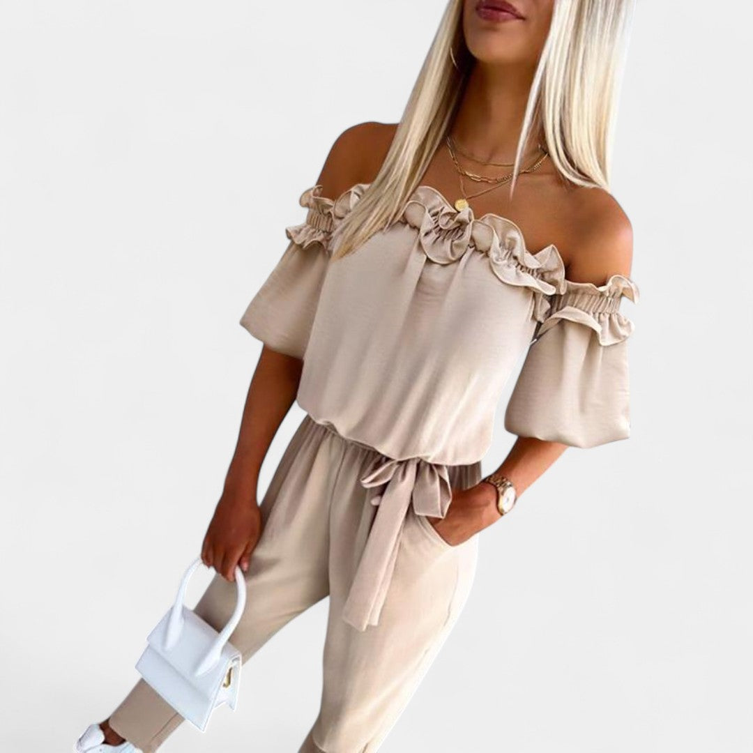 Lida Elegant Off Shoulder Jumpsuit With Ruffle Trim Waist