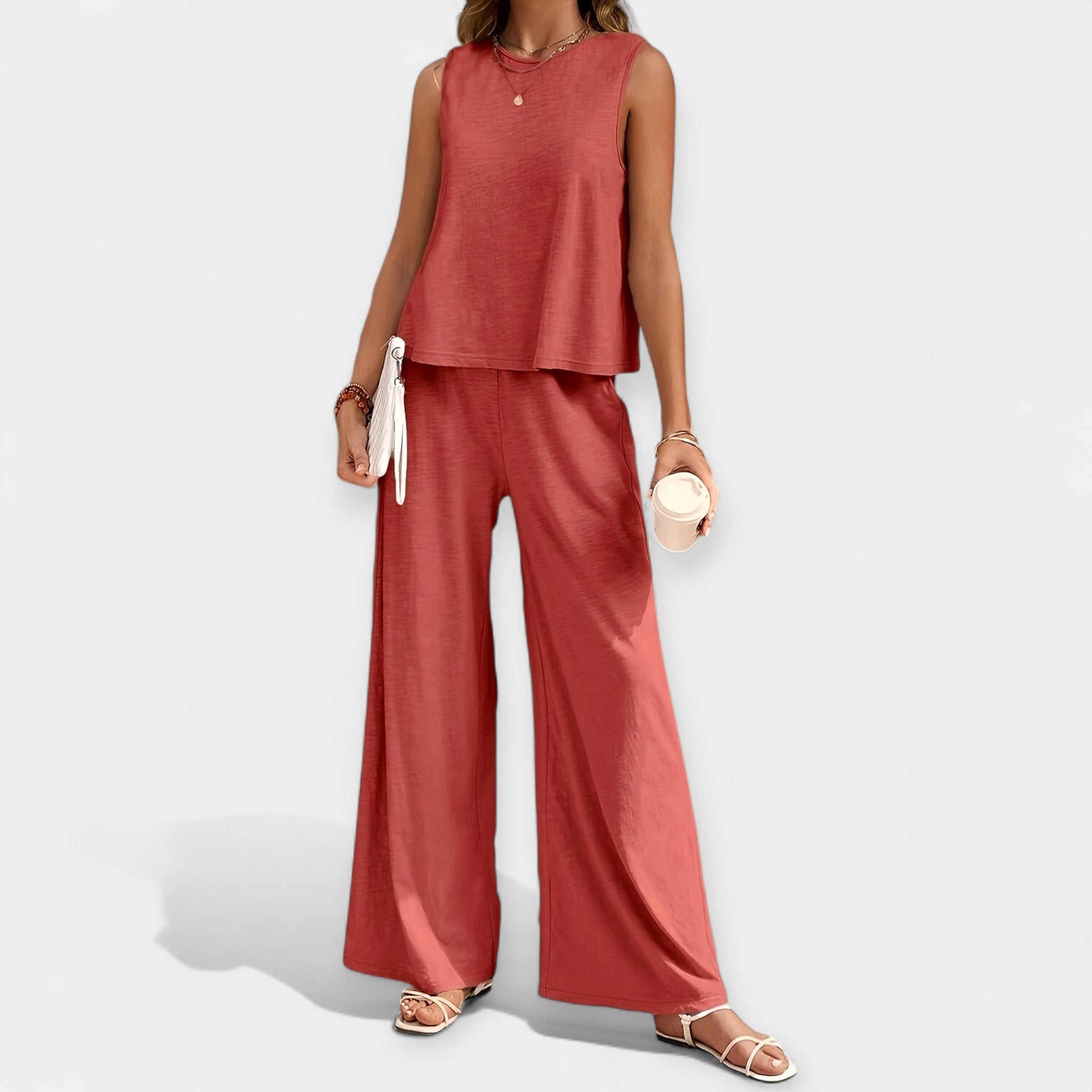 Effortless Loose Sleeveless Top And Wide Leg Trousers Set