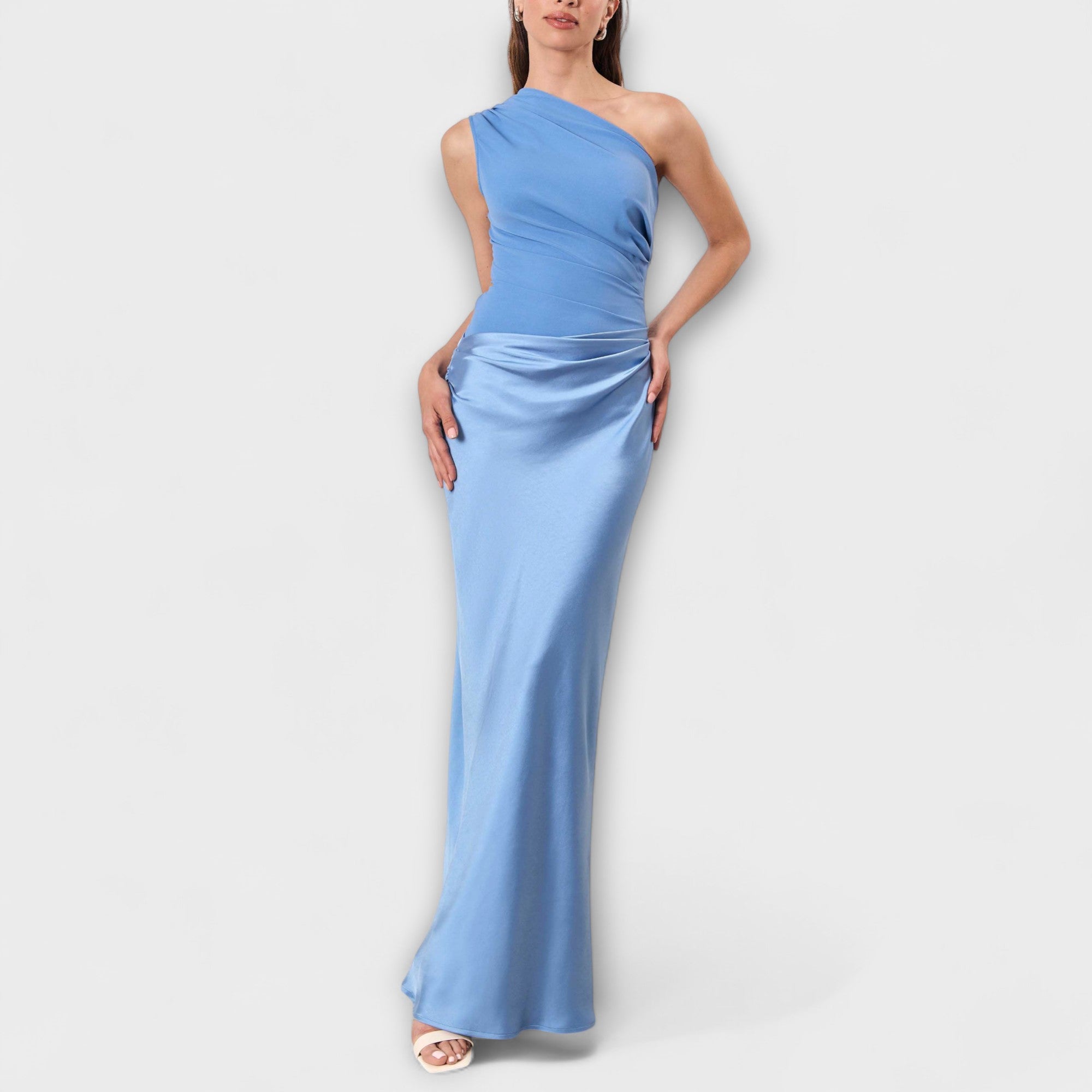 One Shoulder Pleated Maxi Dress With Flowing Length