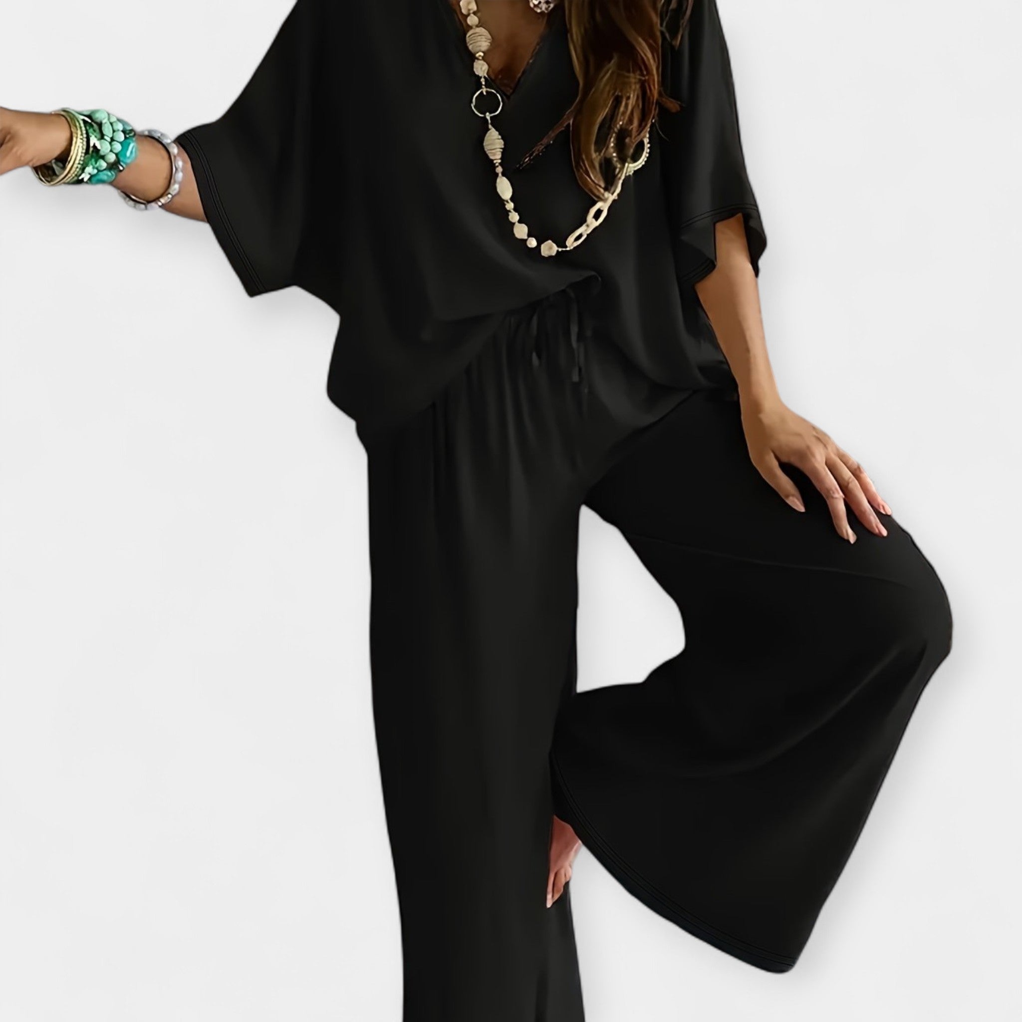Airy Wide Leg Trousers Set With Flowy Blouse Relaxed Fit