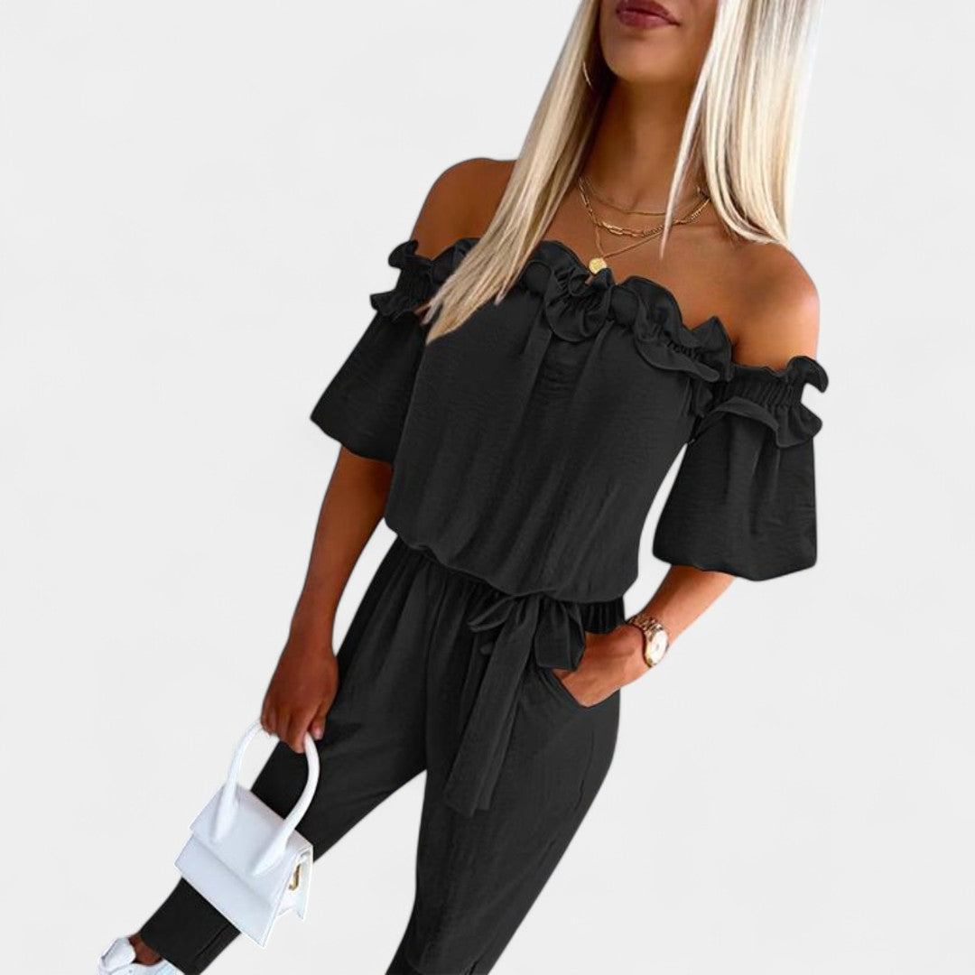 Lida Elegant Off Shoulder Jumpsuit With Ruffle Trim Waist