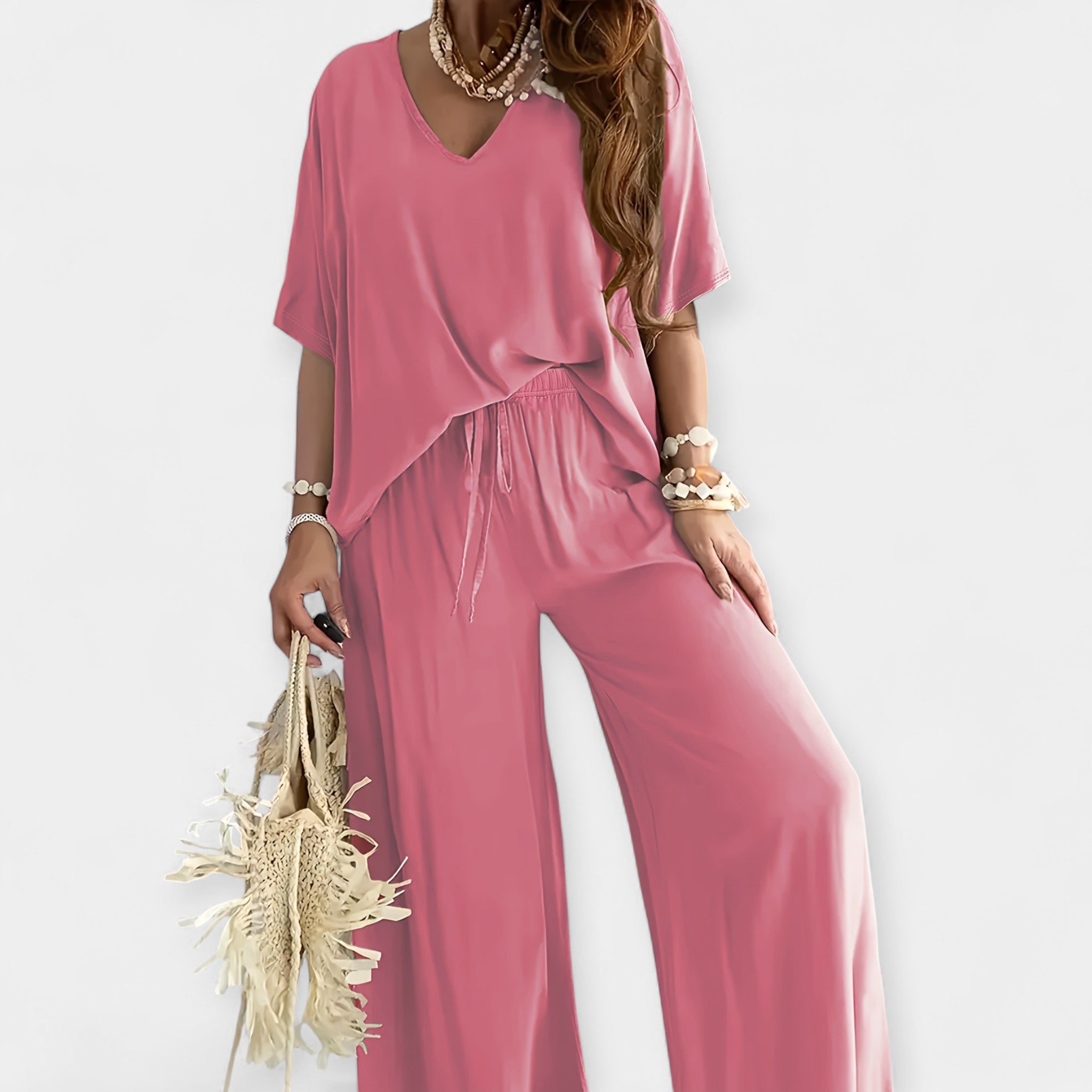 Airy Wide Leg Trousers Set With Flowy Blouse Relaxed Fit