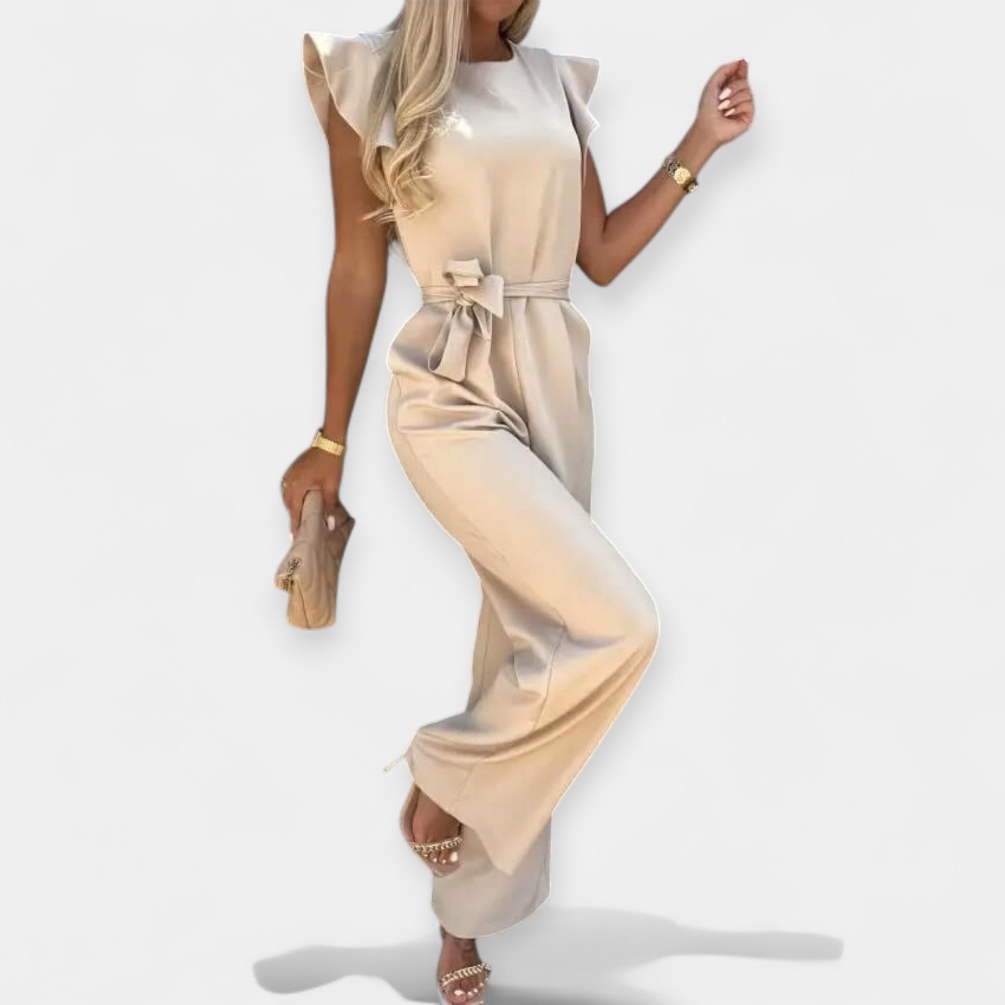 Jumpsuit with Butterfly Sleeves and Belted Waistline