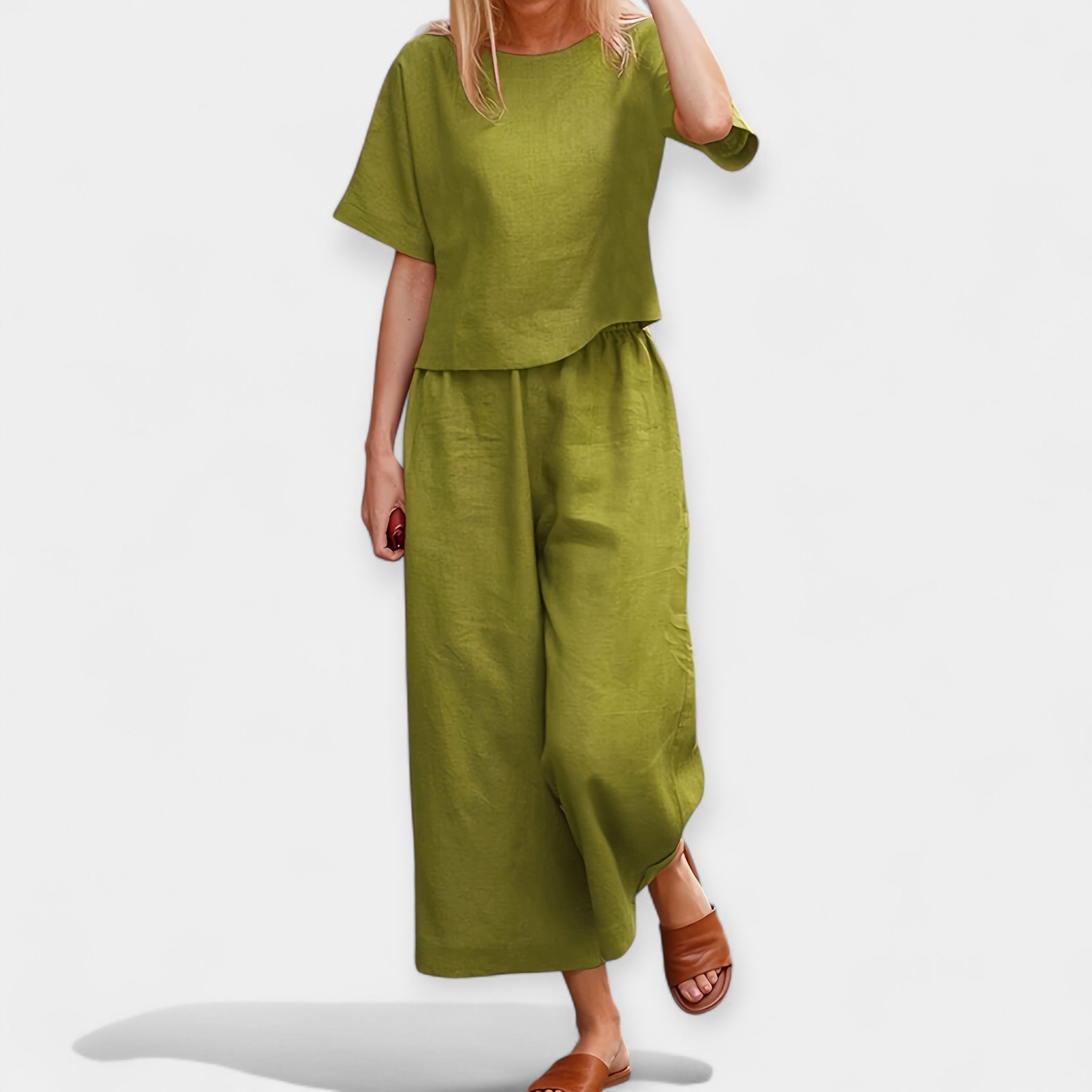 Airy Short Sleeve Top And Trousers Set For Summer Casual