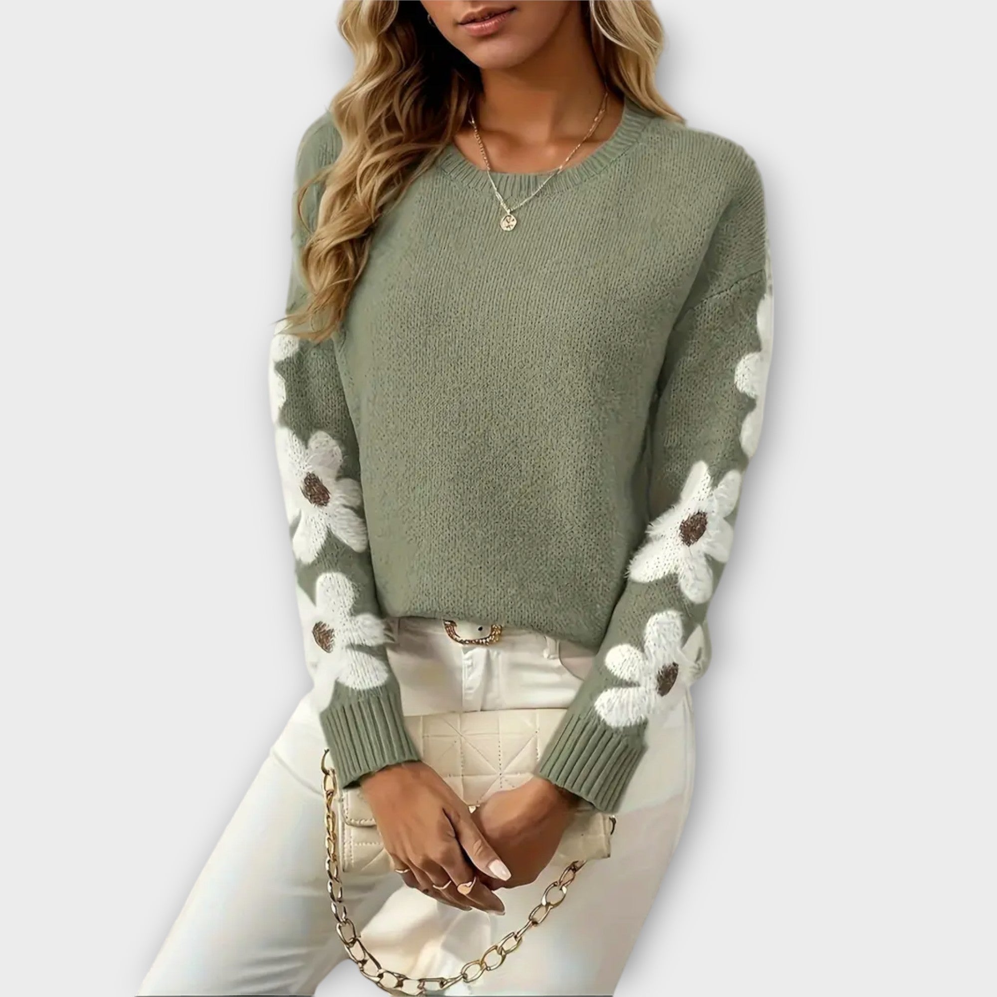 Silke Soft Knit Jumper With Floral Sleeve Pattern Detail