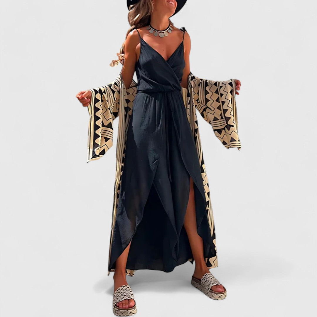 Rose Cotton Jumpsuit With Cross Neckline And Side Slits