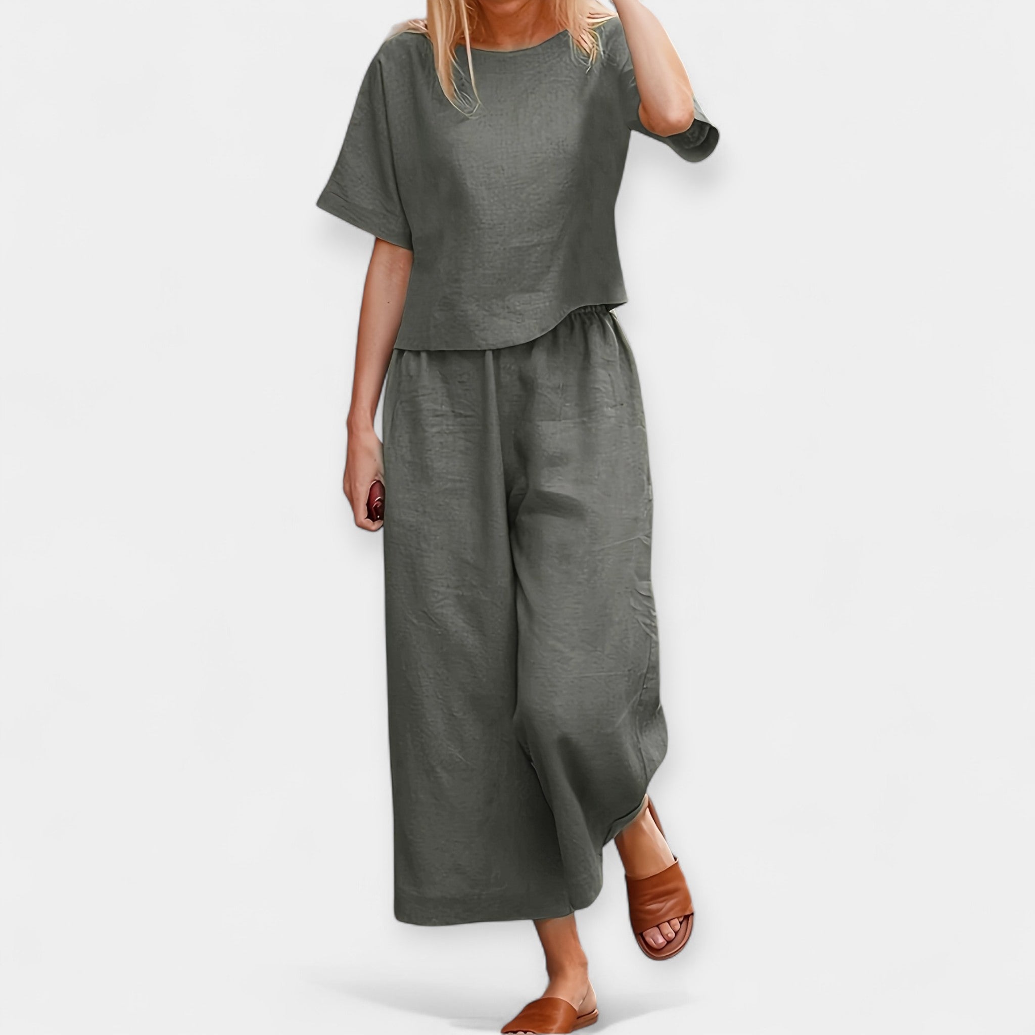 Airy Short Sleeve Top And Trousers Set For Summer Casual