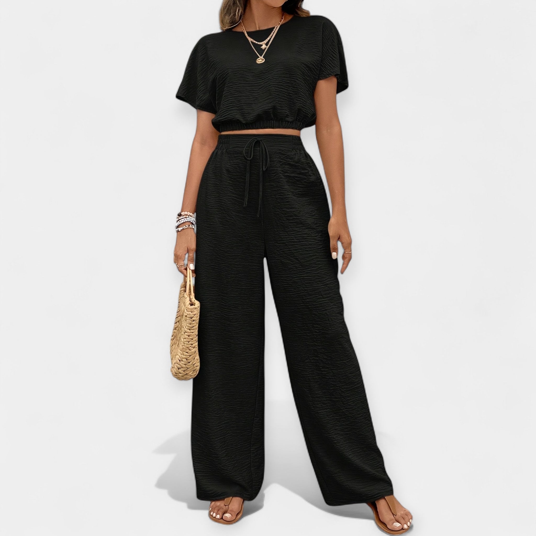 Stylish Loose Fit Set With Boho Top And Drawstring Trousers