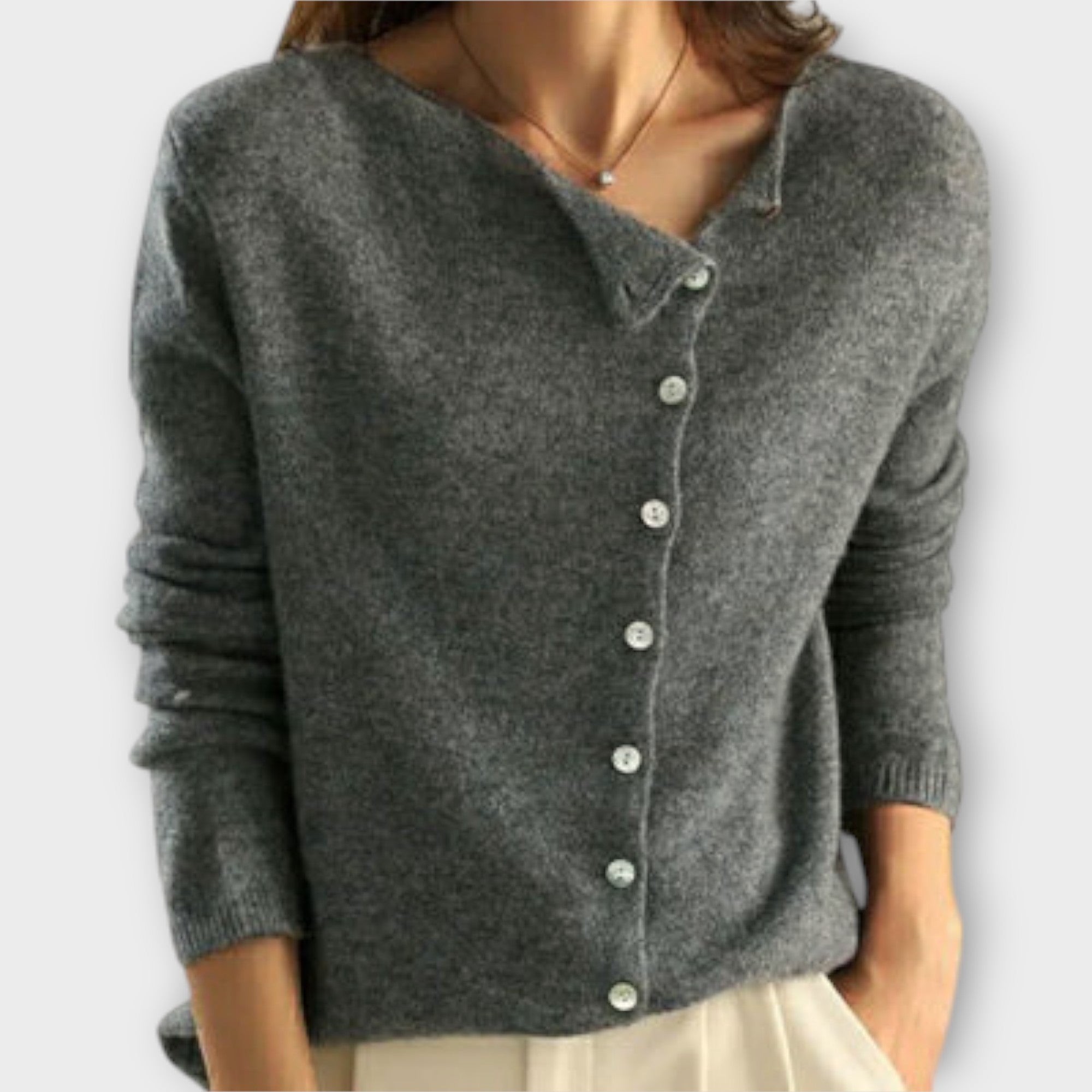 Paige Cosy Cardigan With Asymmetric Button Design In Grey