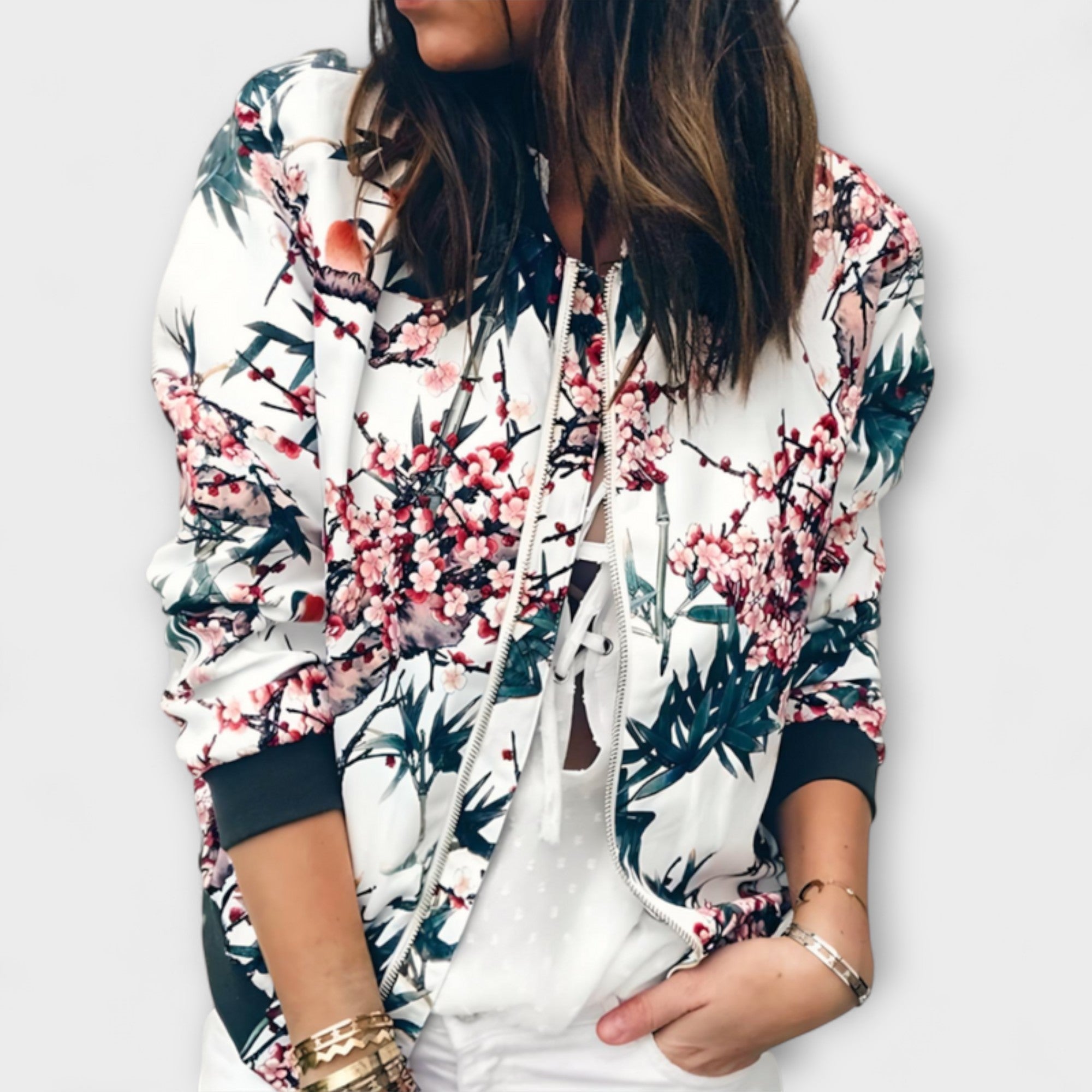 Kaelin Floral Print Bomber Jacket With Bold Flowers