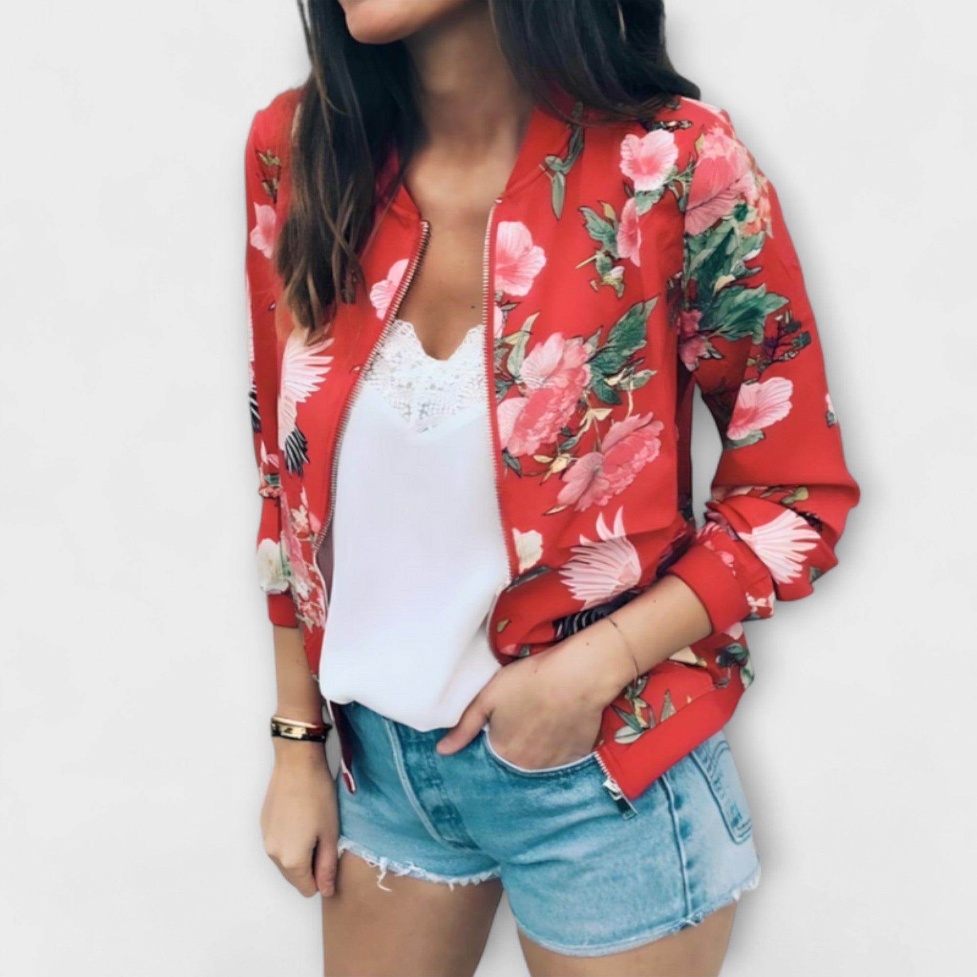 Kaelin Floral Print Bomber Jacket With Bold Flowers