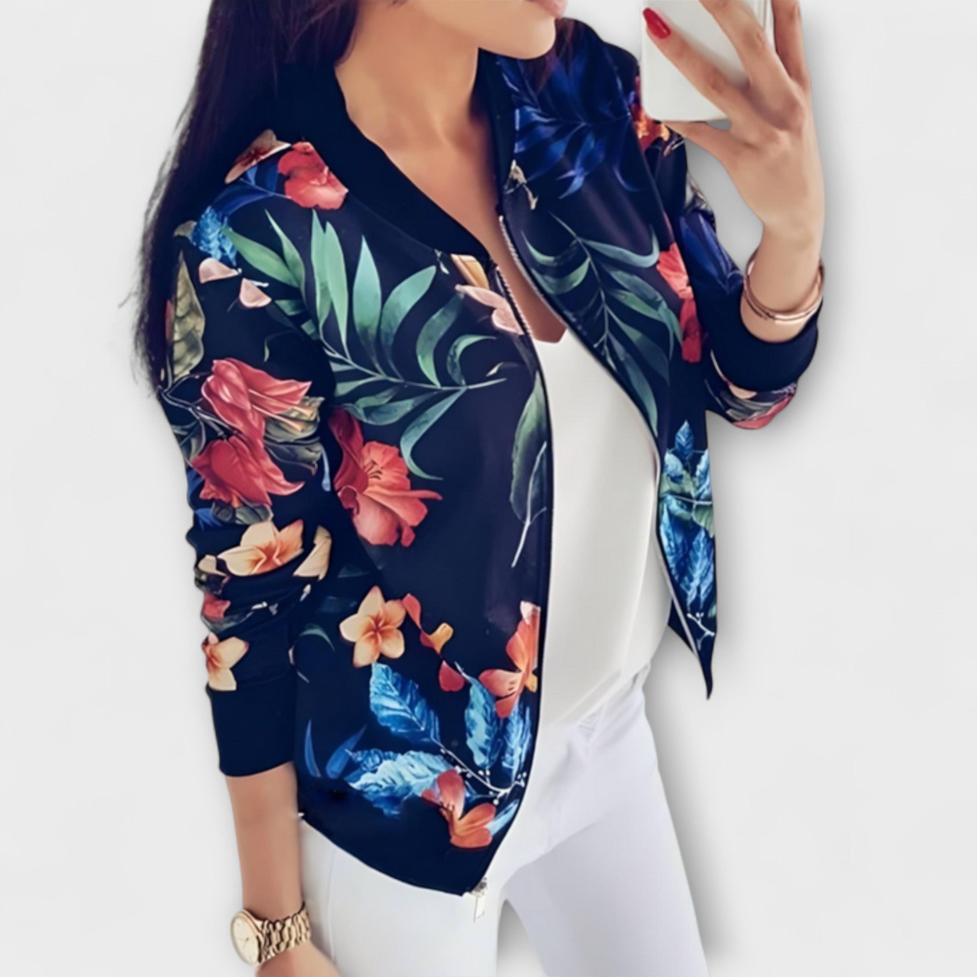 Kaelin Floral Print Bomber Jacket With Bold Flowers